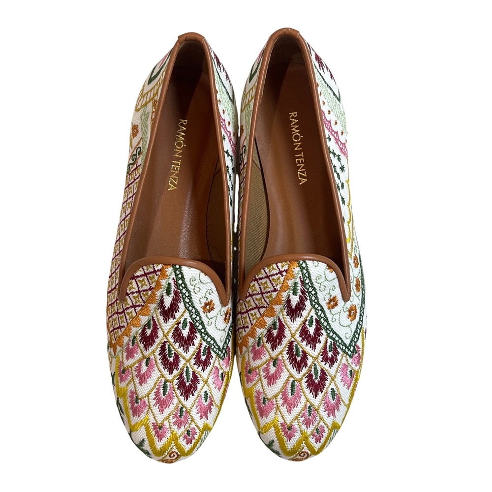 Ramon Tenza Womens Embroidered Leather Sole Loafers Made in Spain Multi Color 8M